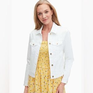 Kate spade classic denim jacket gold button closure white pink striped cuffs